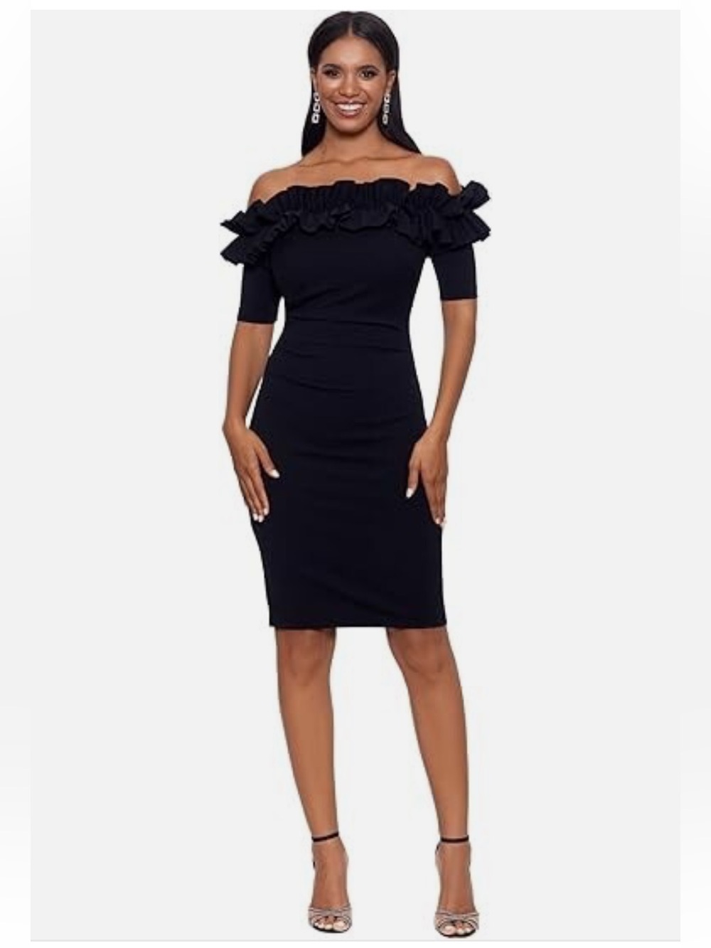 Xscape Black One-Shoulder Ruffle Midi Dress